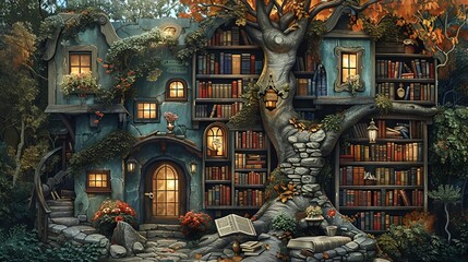 A colorful painting featuring a house constructed from books.