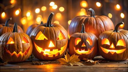 Fototapeta premium Glowing Jack-o'-Lanterns with Autumn Leaves and Warm Bokeh Lights for Halloween