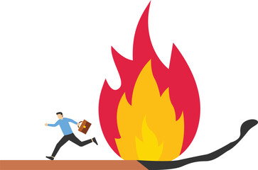 businessman running away from fire burning match sticks vector illustration with flat design style suitable to describe about economic recession, investment asset fall down, decline concept

