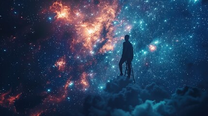 A Man Standing on a Ladder in the Clouds Gazing at the Stars