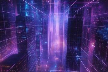 A cityscape with purple buildings and a neon sky, synthwave background