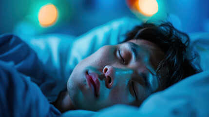 A young man insomnia issue sleeping in a cozy bedroom.