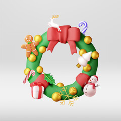 3D decorated christmas wreath. Render fir evergreen wreath with holly leaves, baubles, gift boxes, gingerbread man. New year decoration. Christmas holiday. New year xmas. Vector illustration