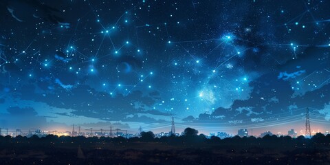 The night sky glows with electricity and internet networks