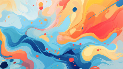 Vibrant and colorful abstract artwork. It features a dynamic flow of shapes and forms that create movement across the canvas. Swirling patterns.