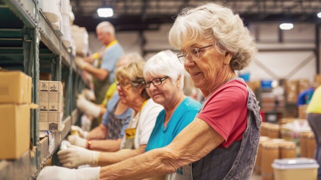 A group of seniors volunteering at a local food bank, giving back to the community