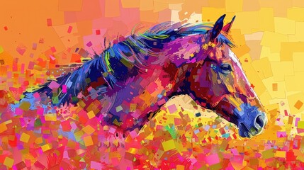 Abstract colorful painting of a horse's head with a vibrant background.