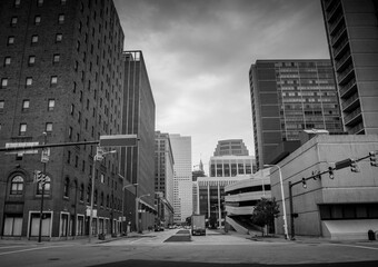 The black and white photo of Cleveland downtown, a major city in Ohio state, USA, with the business buildings and American architecture.
