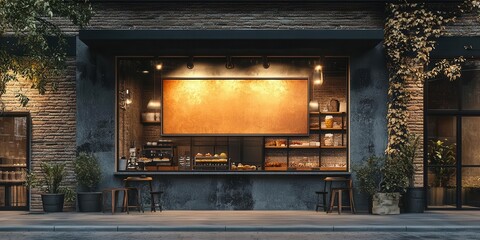 A sleek trapezoid store signage design mockup isolated, copper badge clear shop template fastened to the brick wall outside, perfect for logo presentation of a bakery.
