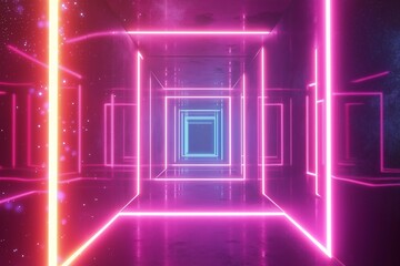 Fototapeta premium A neon colored tunnel with blue and orange lights, synthwave background