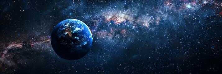 Obraz premium The Earth in silhouette against a backdrop of the Milky Way galaxy, emphasizing the vastness of space.