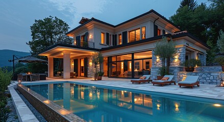 Elegant luxury home with a serene outdoor pool at dusk surrounded by nature in Milos