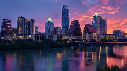 Naklejka premium City Skyline at Dusk Illuminated by Twinkling Lights and Skyscrapers 