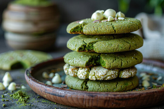 Homemade freshly backed sugar matcha cookies. green sugar cookies baked with matcha powder added white chocolate on top. Healthy diverse eating concept 