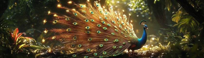 A colorful peacock is gold and diamond-studded with shiny, jeweled feathers in a lush forest under sunlight. Digital art