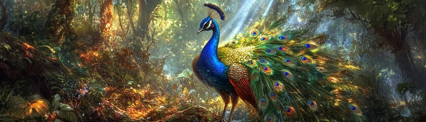 Obraz premium A colorful peacock is gold and diamond-studded with shiny, jeweled feathers in a lush forest under sunlight. Digital art