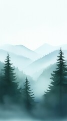 Fototapeta premium Serene misty forest landscape showcasing tall trees and soft mountain silhouettes in pastel hues, evoking a calm and peaceful atmosphere.
