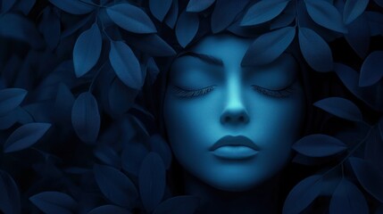 A serene blue face partially surrounded by dark leaves, evoking a sense of tranquility and peace in nature.