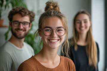 Happy colleagues standing against wall in office, Generative AI