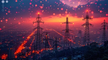 Cityscape Under a Sunset Sky with Electric Towers