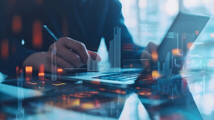 hands typing on a  laptop with overlay of graphs and data