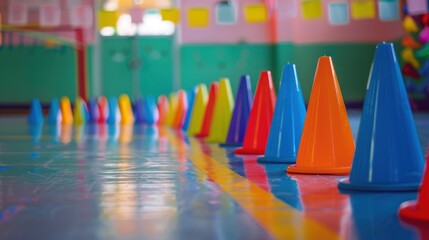 Colorful cones on the gym floor, a sport for children to practice physical education learning skills in school.