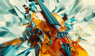 Geometric abstraction of a violin, fragmented into angular planes and overlapping perspectives