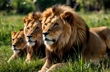Obraz premium Herd of beautiful and dangerous lions sleeping in a green forest