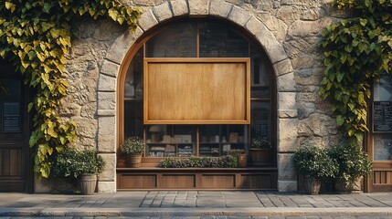 Blank elliptical store signage design mockup isolated, polished wood badge clear shop template fastened to the stone archway outside, signboard for logo presentation of a home dรฉcor store