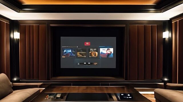Home Theater with Recessed Projector Screen,  Dark Wood Paneling, and  Surround Sound Speakers