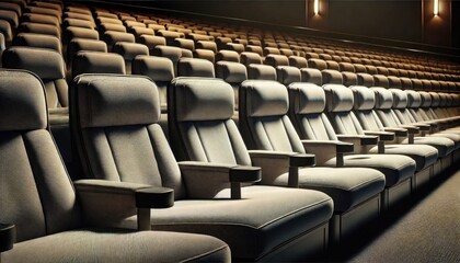 Obraz premium Cinema or theater audience rows of seats area without people. The image shows several rows of comfortable, theater-style seating.