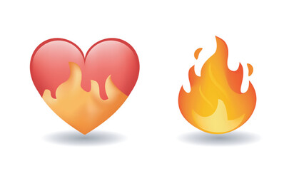 Heart on fire and fire flame emoji vector illustration set isolated on white background. 3d illustration.