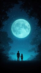 A serene night scene of a couple holding hands under a luminous moon, surrounded by dark silhouettes of trees.