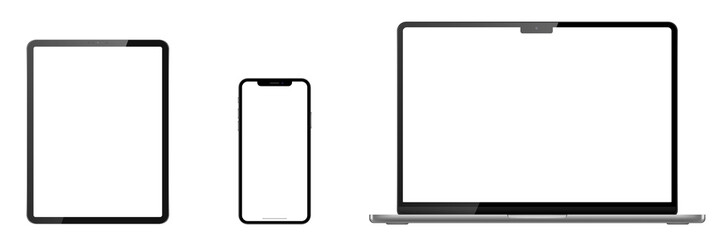 laptop, tablet, phone on transparent background with png transparent screen. isolated Png illustration.	