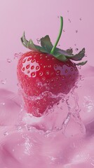Red strawberry splashing into pink water with white water droplets.