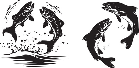 Silhouette of fish jumping white background