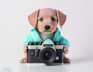 pastel color baby dog holding camera on white background