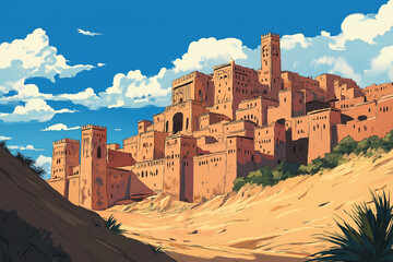 Ancient city walls in a desert landscape under a blue sky.