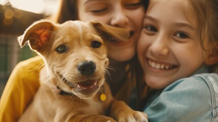 A happy family adopting a pet from a shelter, giving a new home to an animal in need