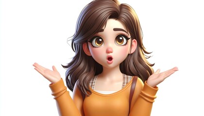 3d character girl, japanese schoolgirl, anime style, bewilderment, shrugs, isolated on white	