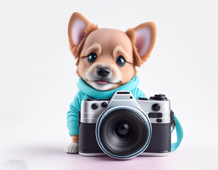 pastel color baby dog holding camera on white background