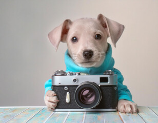 pastel color baby dog holding camera on white background