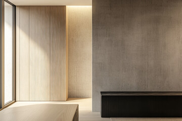 Fototapeta premium Minimalist living room interior design composition in neutral tones with minimal furniture and natural lighting. Luxury apartment conceptual image.