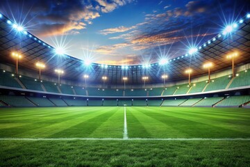 universal grass stadium illuminated by spotlights and empty green grass playground 