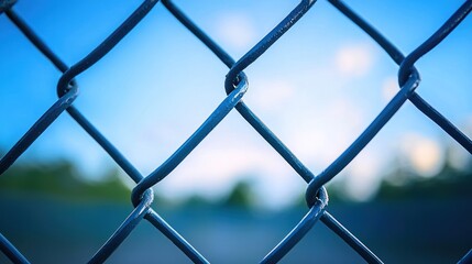 Close-up of a chain link fence against a clear blue sky, creating a serene and calming atmosphere.