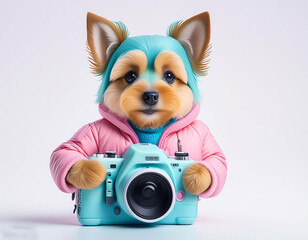 pastel color baby dog holding camera on white background