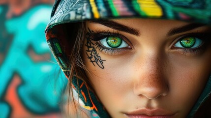 Naklejka premium Urban Elegance: A Chic Girl with Green Eyes and Intricate Tattoos, Perfect for a Stylish Sports Interior Poster Against Vibrant Graffiti Background
