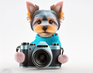 pastel color baby dog holding camera on white background