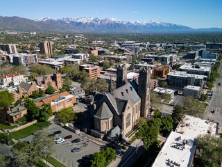 Aerial view of Salt Lake City with the Cathedral of the Madeleine in Utah