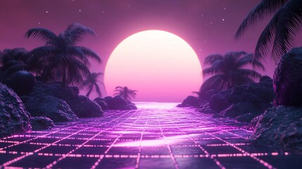 Naklejka premium Neon Purple Technology Light Grid Design Space Landscape